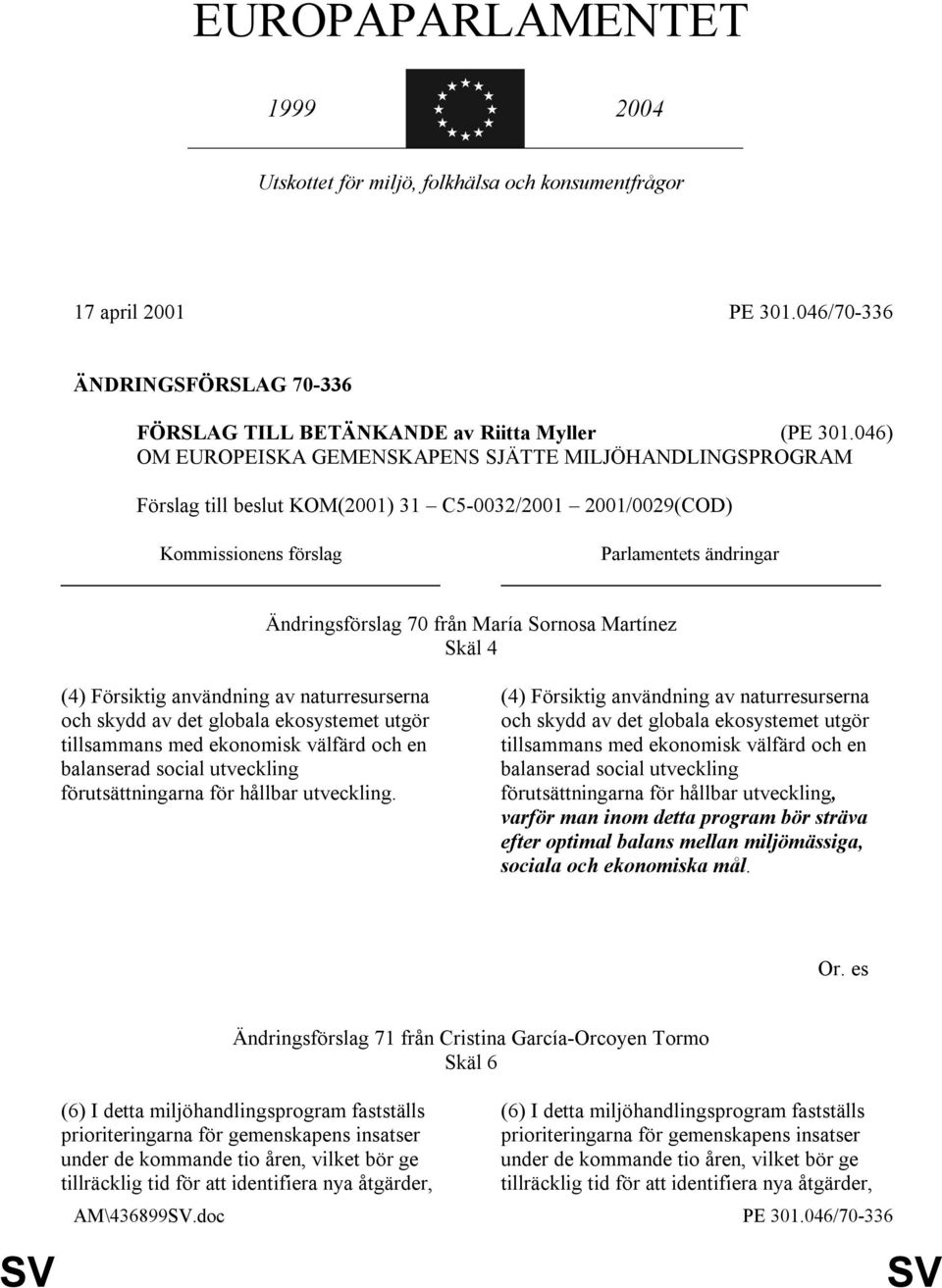 Sornosa Martínez Skäl 4 (4) Försiktig användning av naturresurserna och skydd av det globala ekosystemet utgör tillsammans med ekonomisk välfärd och en balanserad social utveckling förutsättningarna