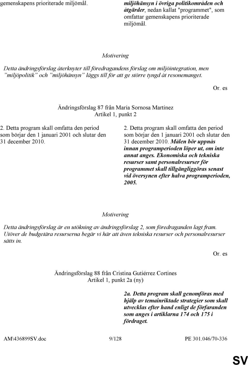 es Ändringsförslag 87 från María Sornosa Martínez Artikel 1, punkt 2 2. Detta program skall omfatta den period som börjar den 1 januari 2001 och slutar den 31 december 2010.