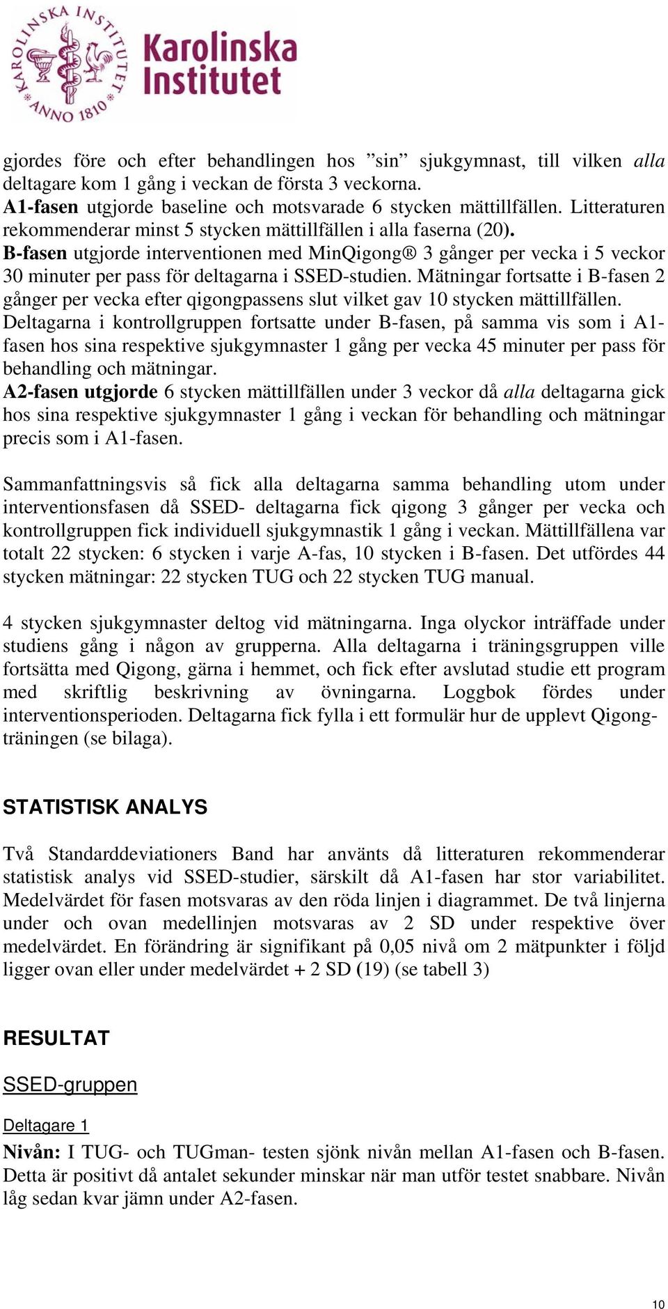 B-fasen utgjorde interventionen med MinQigong 3 gånger per vecka i 5 veckor 30 minuter per pass för deltagarna i SSED-studien.