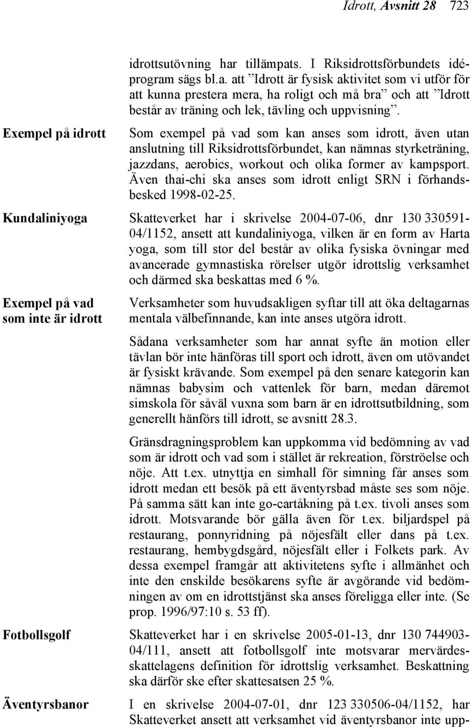 Som exempel på vad som kan anses som idrott, även utan anslutning till Riksidrottsförbundet, kan nämnas styrketräning, jazzdans, aerobics, workout och olika former av kampsport.