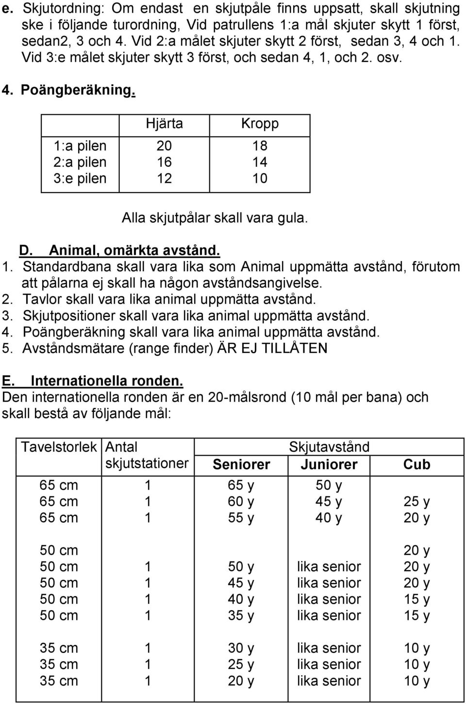 :a pilen 2:a pilen 3:e pilen Hjärta 20 6 2 Kropp 8 0 Alla skjutpålar skall vara gula. D. Animal, omärkta avstånd.