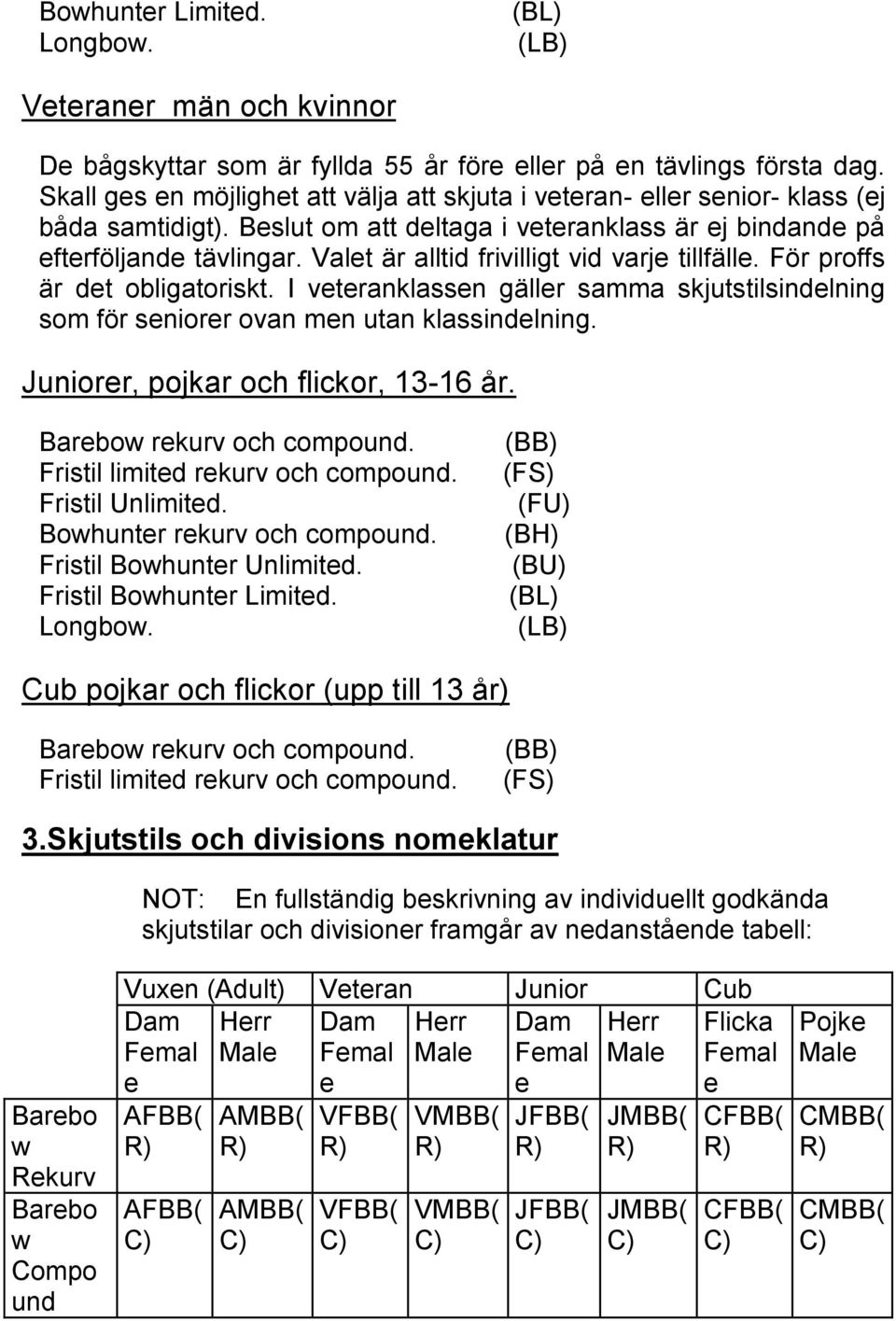 Valet är alltid frivilligt vid varje tillfälle. För proffs är det obligatoriskt. I veteranklassen gäller samma skjutstilsindelning som för seniorer ovan men utan klassindelning.