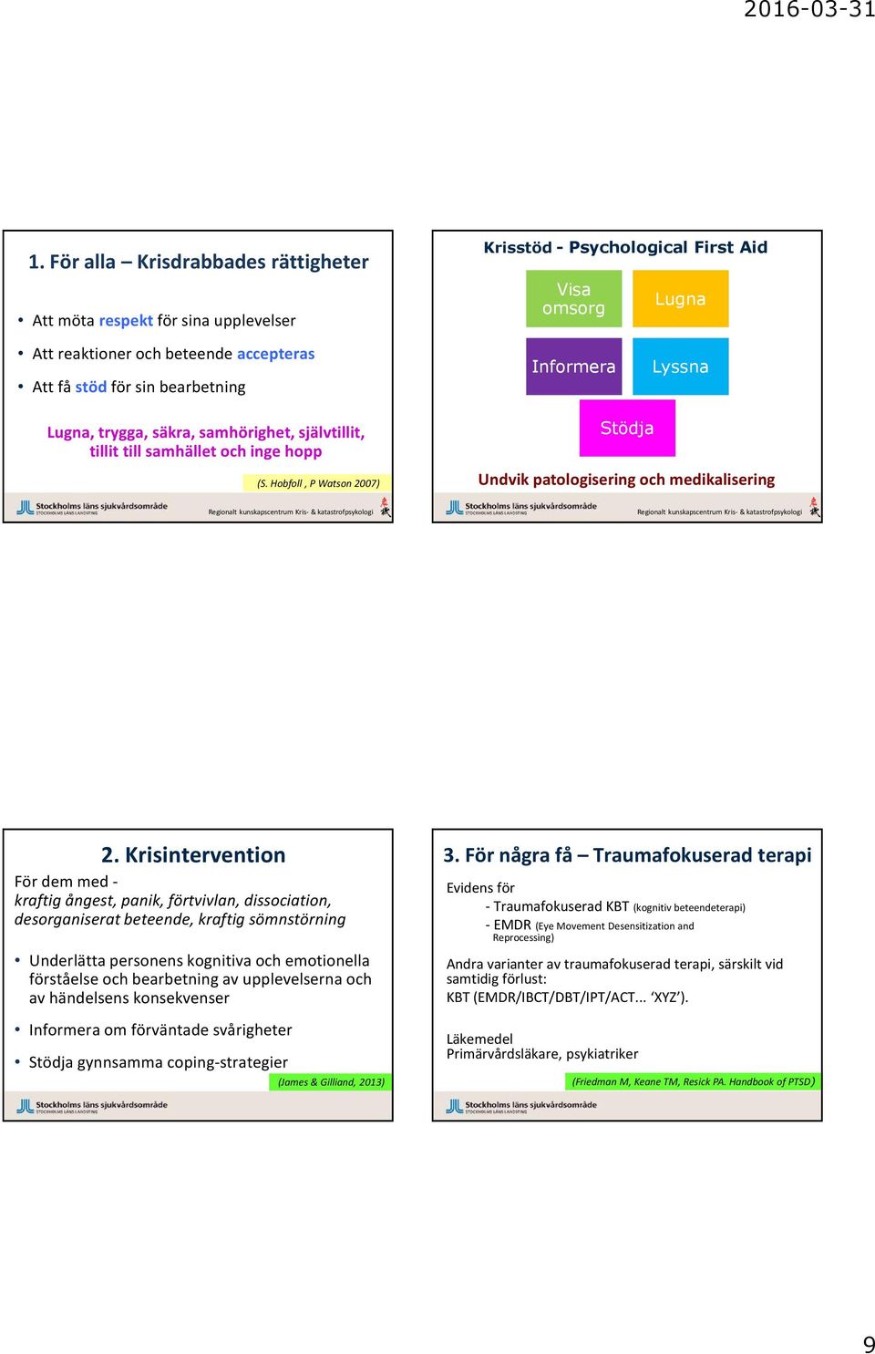 Krisintervention För dem med - kraftig ångest, panik, förtvivlan, dissociation, desorganiserat beteende, kraftig sömnstörning Underlätta personens kognitiva och emotionella förståelse och bearbetning