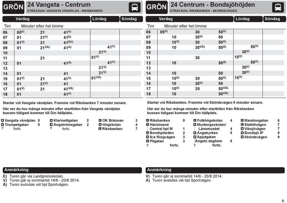 vid Vangsta vändplan. Framme vid Riksbanken 7 minuter senare. Här ser du hur många minuter efter starttiden från Vangsta vändplan bussen tidigast kommer till Din hållplats.