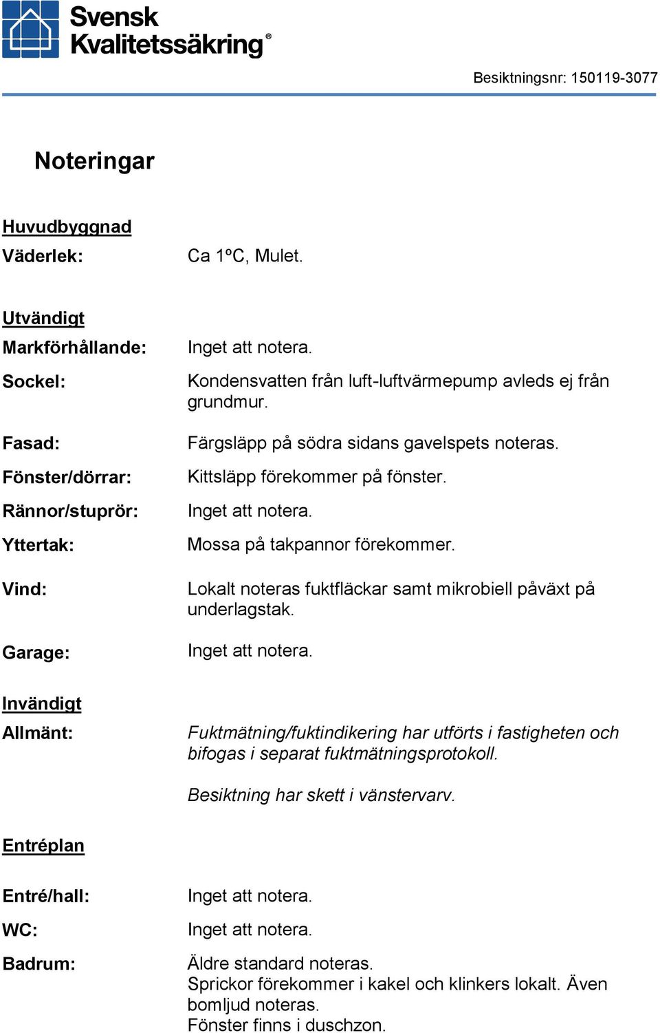 Färgsläpp på södra sidans gavelspets noteras. Kittsläpp förekommer på fönster. Mossa på takpannor förekommer.