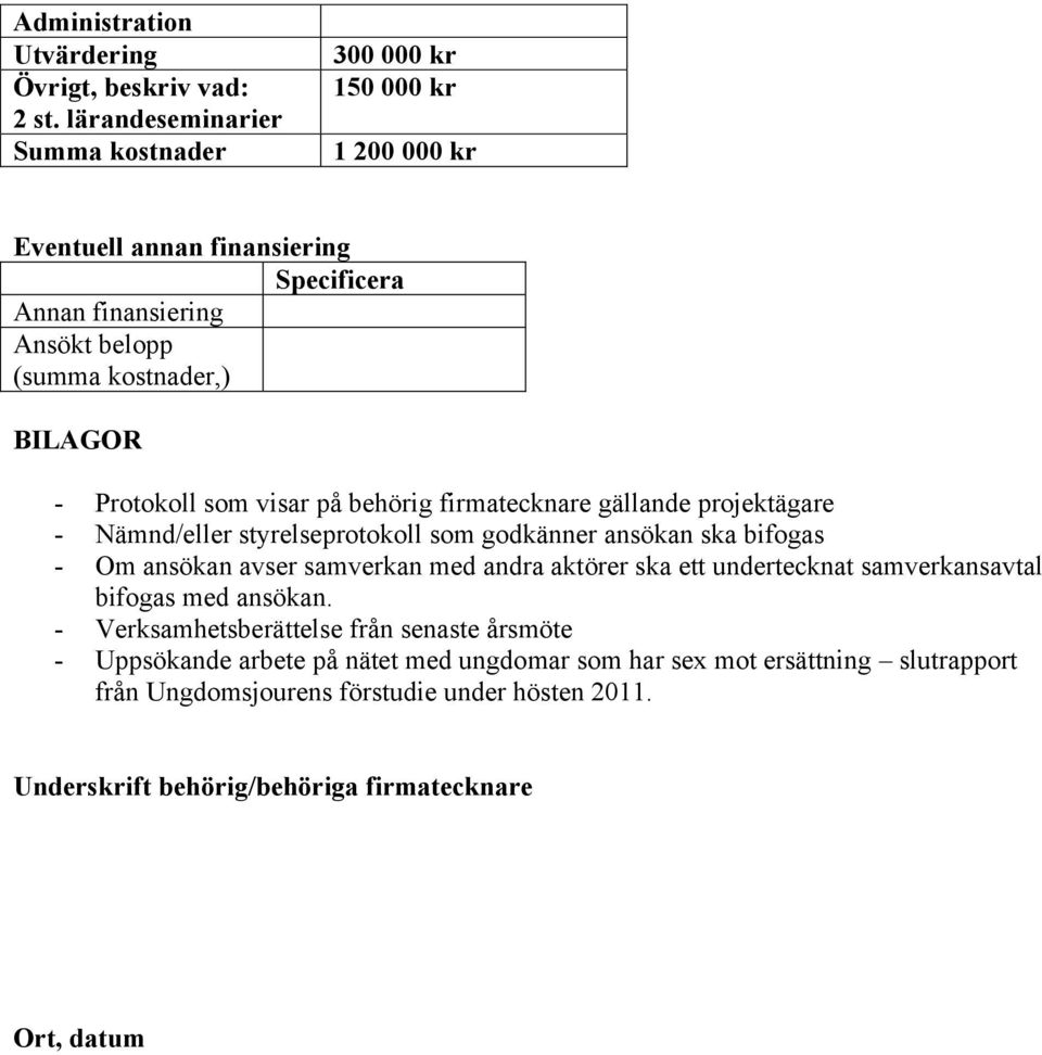 Protokoll som visar på behörig firmatecknare gällande projektägare - Nämnd/eller styrelseprotokoll som godkänner ansökan ska bifogas - Om ansökan avser samverkan med andra