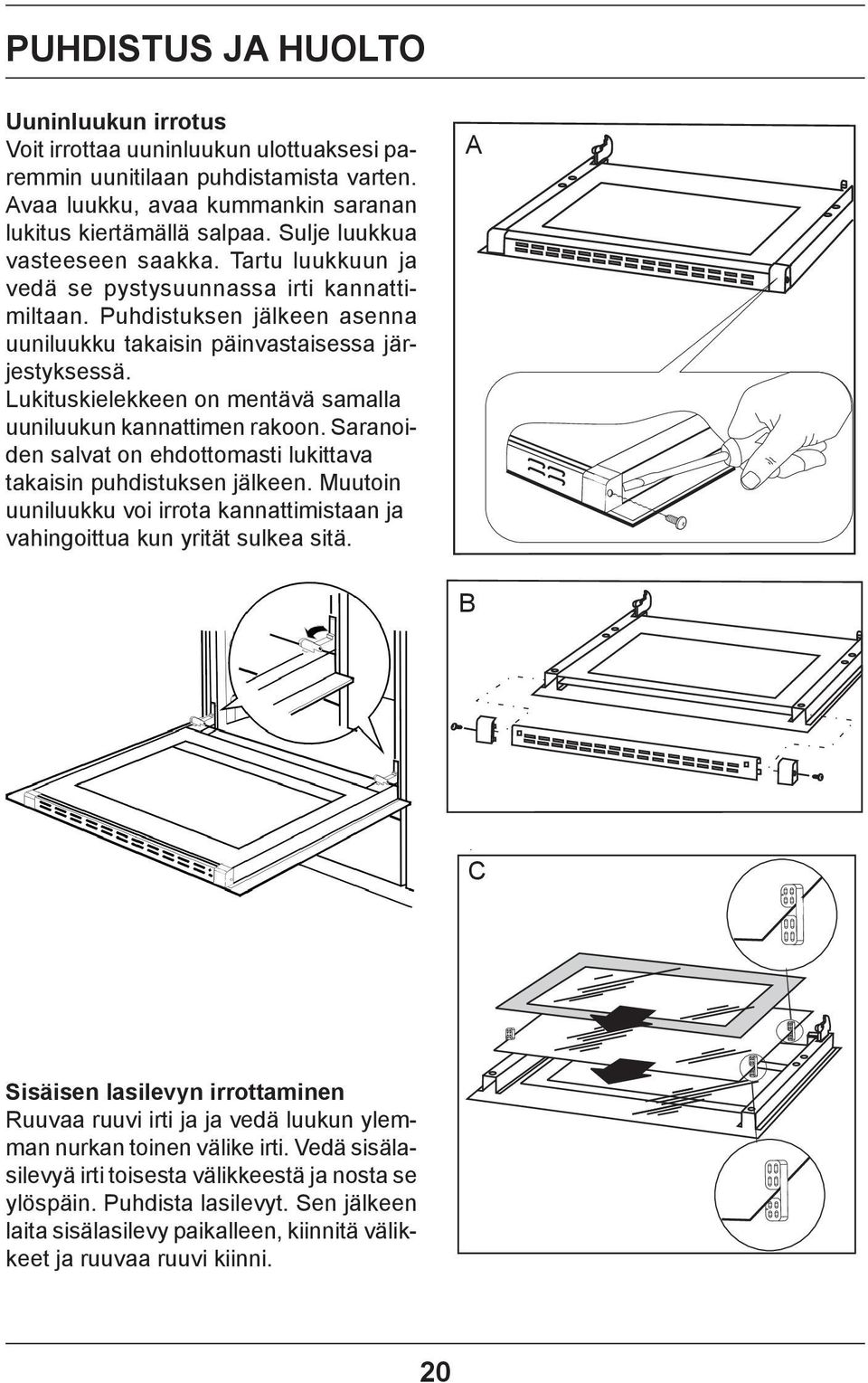 Lukituskielekkeen on mentävä samalla uuniluukun kannattimen rakoon. Saranoiden salvat on ehdottomasti lukittava takaisin puhdistuksen jälkeen.