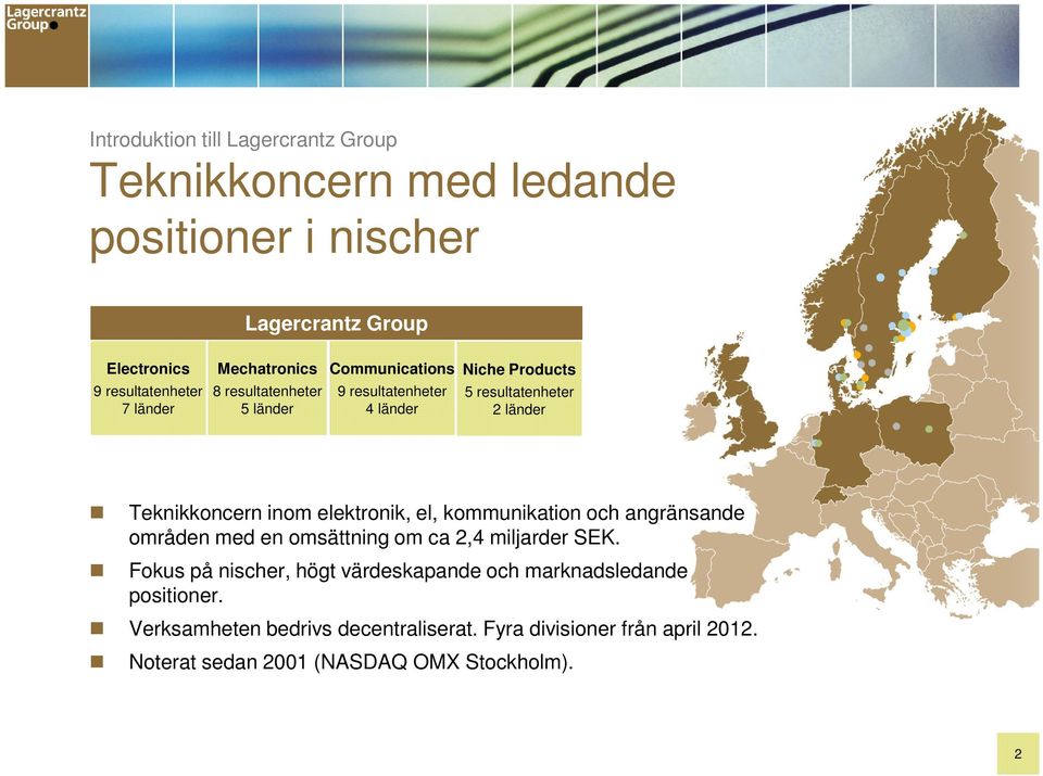 inom elektronik, el, kommunikation och angränsande områden med en omsättning om ca 2,4 miljarder SEK.