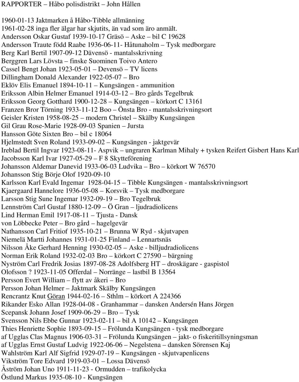 finske Suominen Toivo Antero Cassel Bengt Johan 1923-05-01 Devensö TV licens Dillingham Donald Alexander 1922-05-07 Bro Eklöv Elis Emanuel 1894-10-11 Kungsängen - ammunition Eriksson Albin Helmer