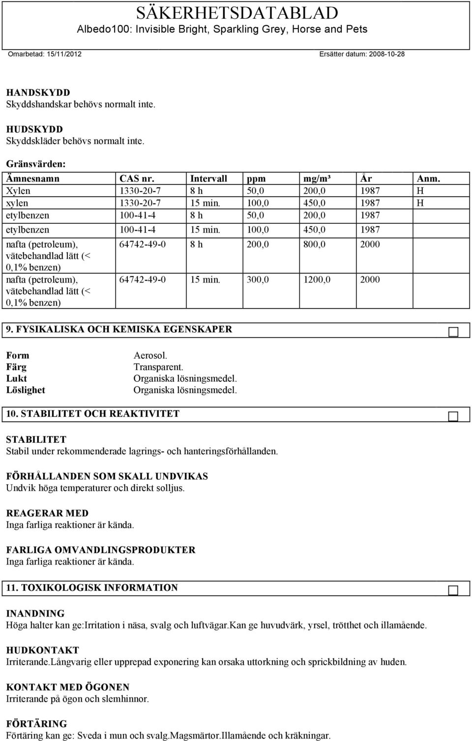 100,0 450,0 1987 nafta (petroleum), vätebehandlad lätt (< 0,1% benzen) nafta (petroleum), vätebehandlad lätt (< 0,1% benzen) 9.