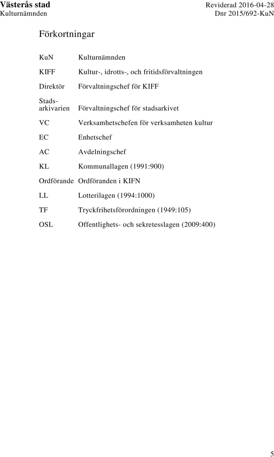 kultur Enhetschef Avdelningschef KL Kommunallagen (1991:900) Ordförande Ordföranden i KIFN LL