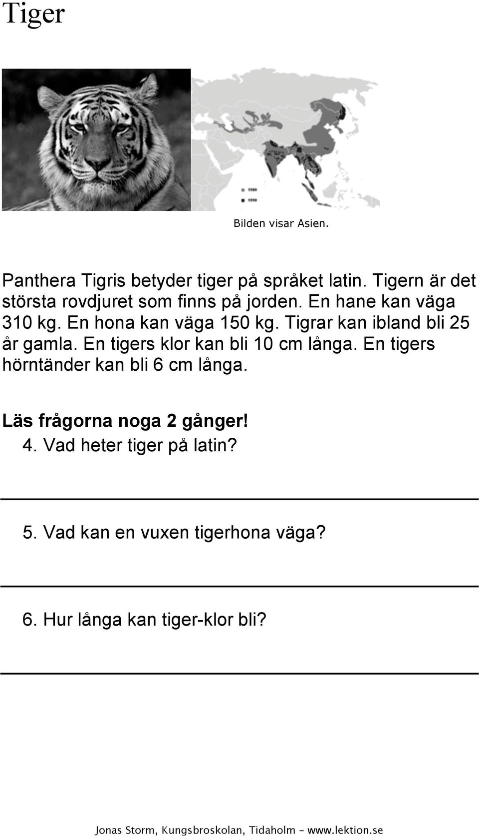 En hona kan väga 150 kg. Tigrar kan ibland bli 25 år gamla. En tigers klor kan bli 10 cm långa.