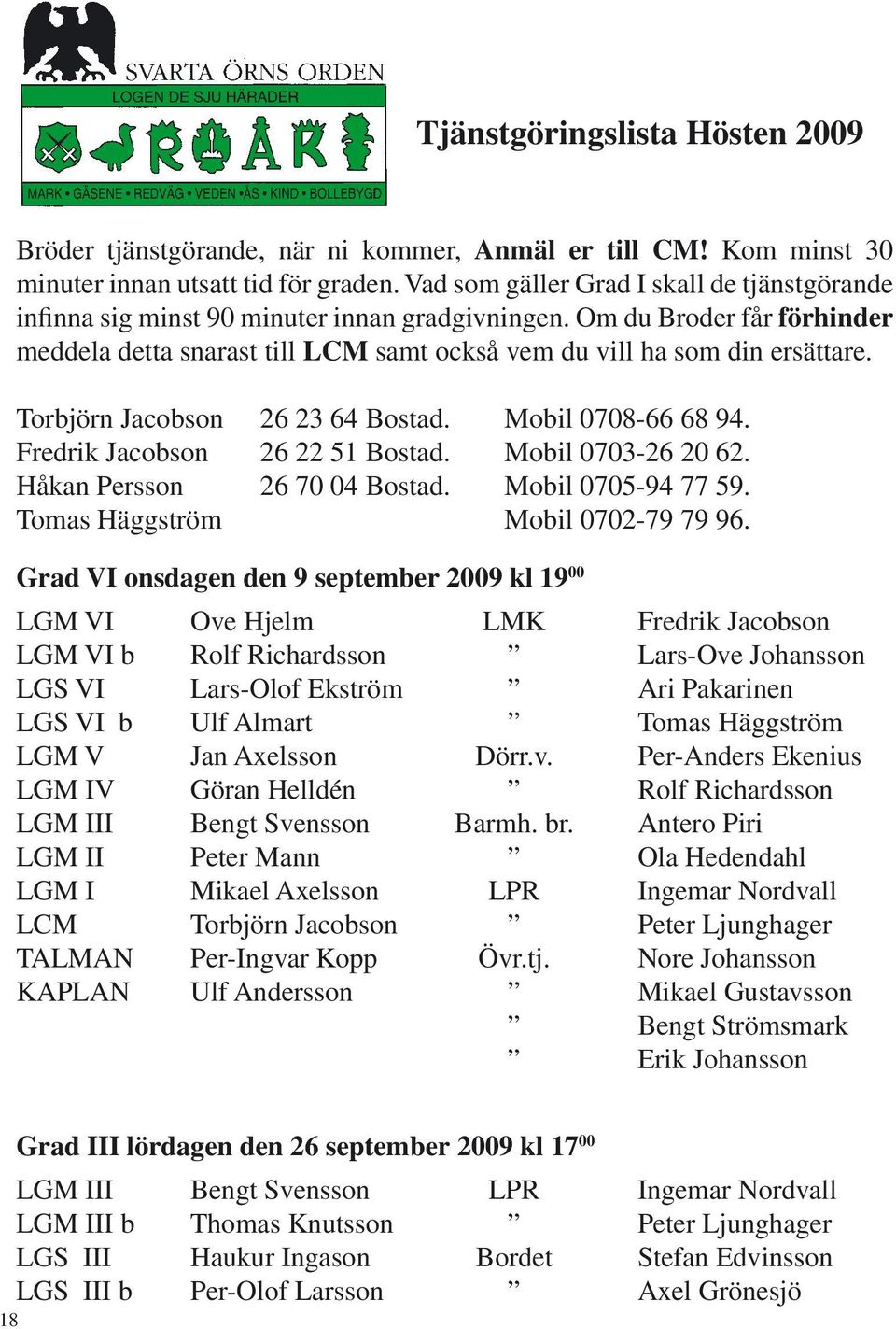 Torbjörn Jacobson 26 23 64 Bostad. Mobil 0708-66 68 94. Fredrik Jacobson 26 22 51 Bostad. Mobil 0703-26 20 62. Håkan Persson 26 70 04 Bostad. Mobil 0705-94 77 59. Tomas Häggström Mobil 0702-79 79 96.