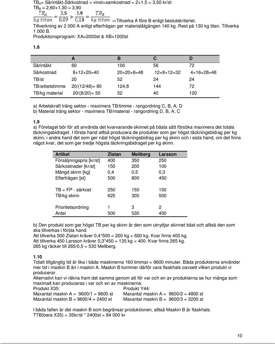 8 A B C D Särintäkt 60 100 56 72 Särkostnad 8+12+20=40 20+20+8=48 12+8+12=32 4+16+28=48 TB/st 20 52 24 24 TB/arbetstimme 20/(12/48)= 80 124,8 144 72 TB/kg material 20/(8/20)= 50 52 40 120 a)