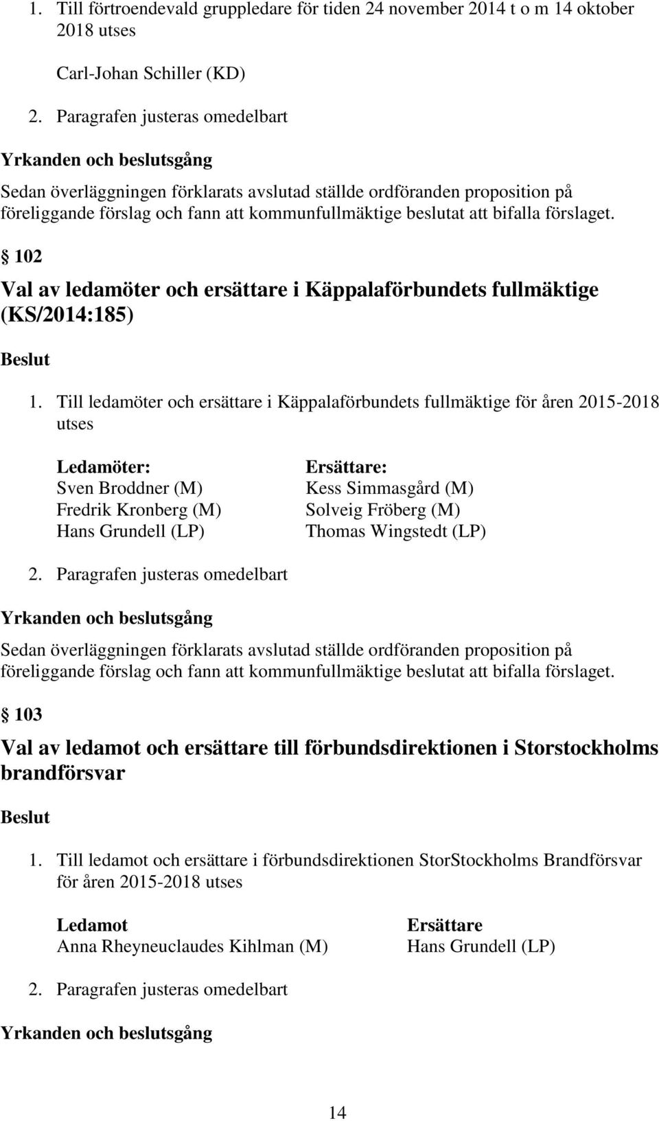 bifalla förslaget. 102 Val av ledamöter och ersättare i Käppalaförbundets fullmäktige (KS/2014:185) Beslut 1.