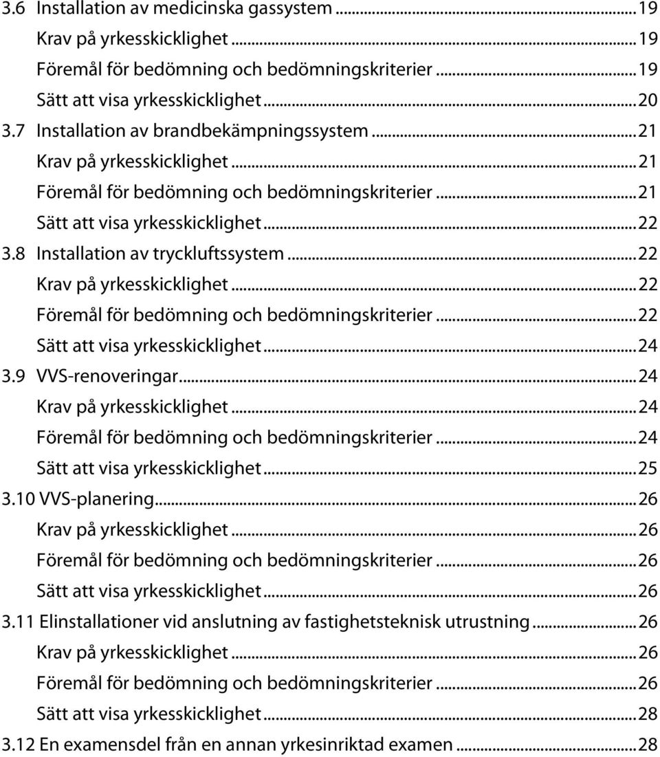 8 Installation av tryckluftssystem... 22 Krav på yrkesskicklighet... 22 Föremål för bedömning och bedömningskriterier... 22 Sätt att visa yrkesskicklighet... 24 3.9 VVS-renoveringar.