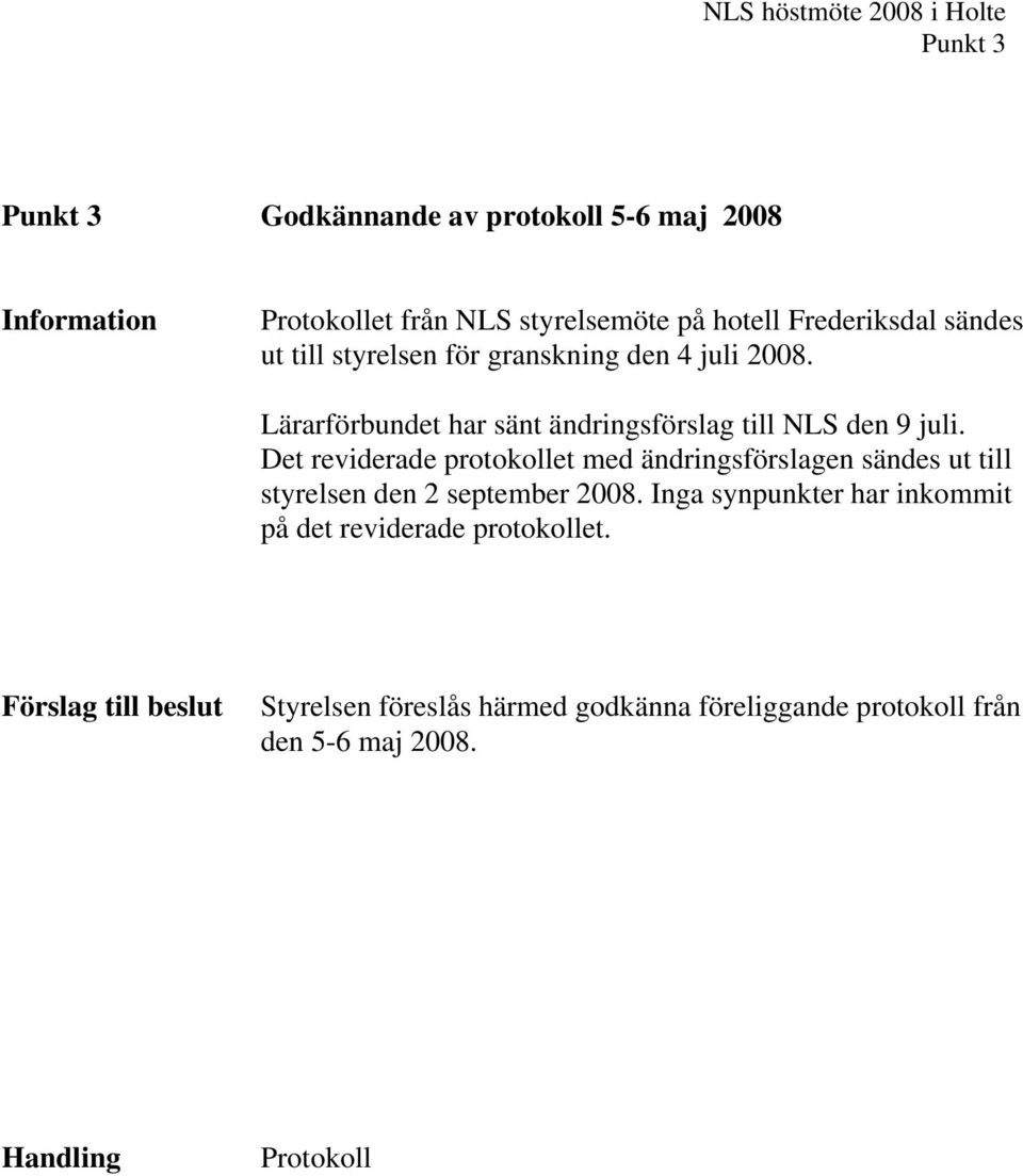 Det reviderade protokollet med ändringsförslagen sändes ut till styrelsen den 2 september 2008.