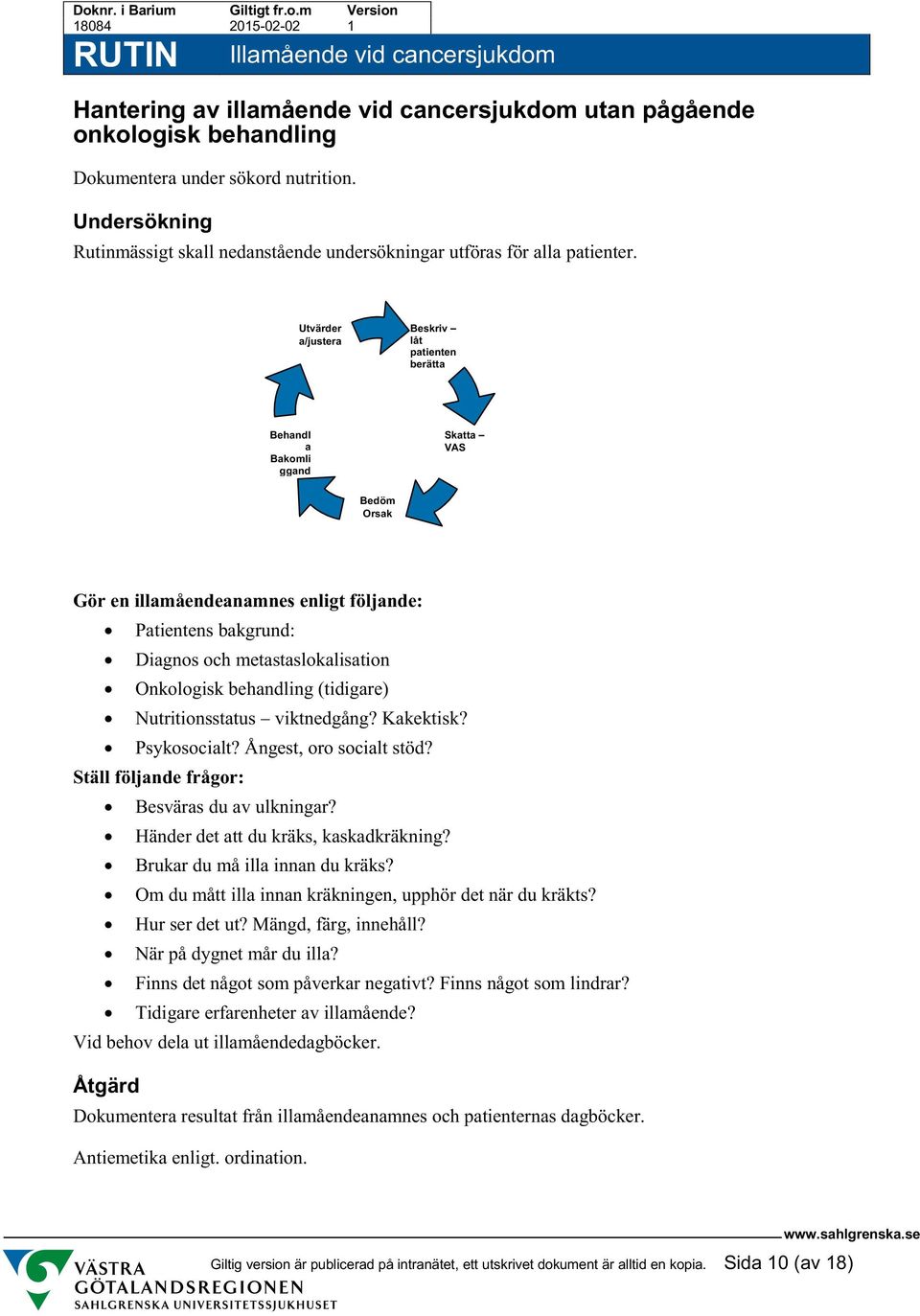 Behandl a Bakomli ggand orsak Illamåe nde/krä kning Utvärder a/justera Bedöm Orsak Beskriv låt patienten berätta Illlamåe ndeana mnes!