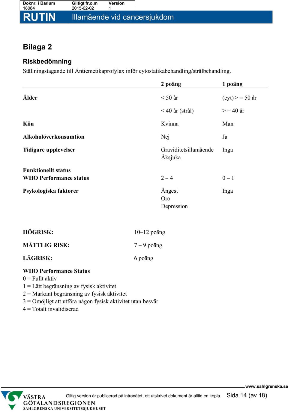 status WHO Performance status 2 4 0 1 Psykologiska faktorer Ångest Inga Oro Depression HÖGRISK: MÅTTLIG RISK: LÅGRISK: 10 12 poäng 7 9 poäng 6 poäng WHO Performance Status 0 = Fullt aktiv