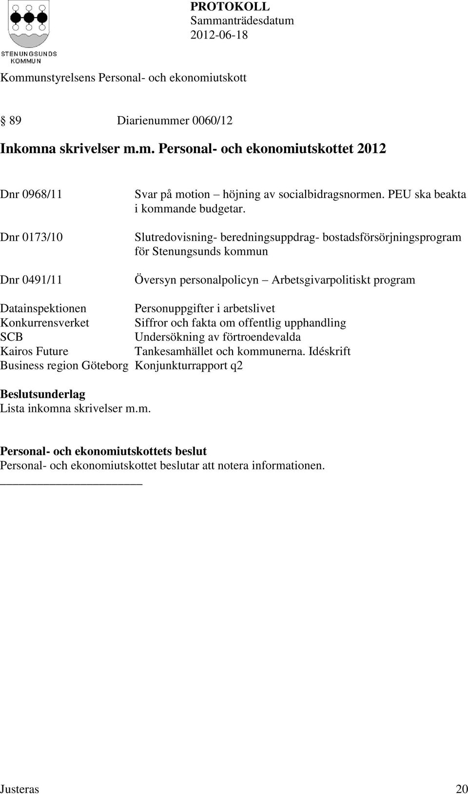 Slutredovisning- beredningsuppdrag- bostadsförsörjningsprogram för Stenungsunds kommun Översyn personalpolicyn Arbetsgivarpolitiskt program Datainspektionen Personuppgifter