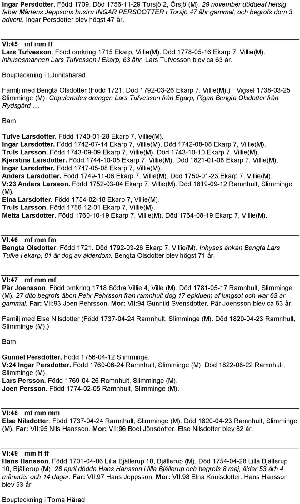 Lars Tufvesson blev ca 63 år. Boupteckning i LJunitshärad Familj med Bengta Olsdotter (Född 1721. Död 1792-03-26 Ekarp 7, Villie(M).) Vigsel 1738-03-25 Slimminge (M).