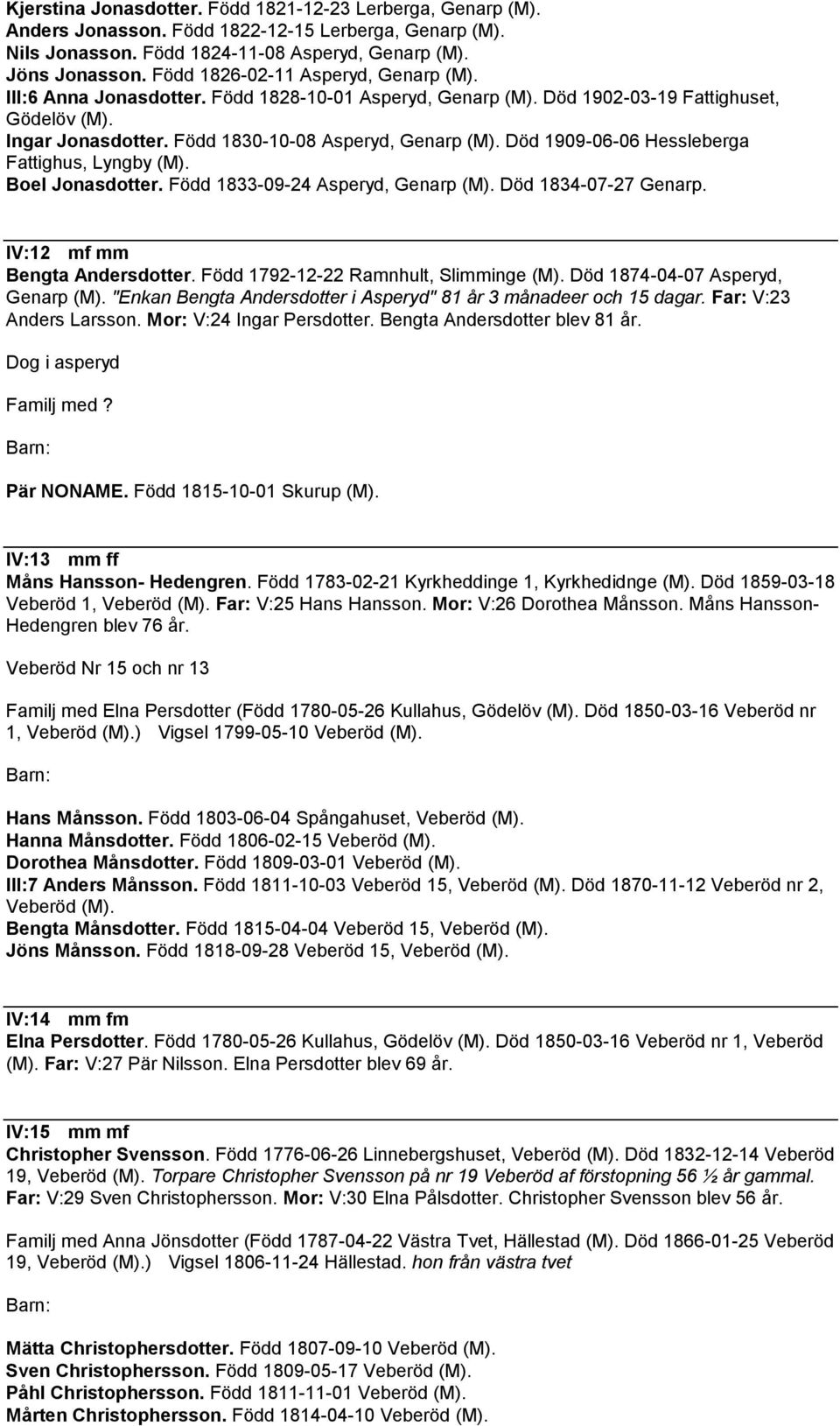 Död 1909-06-06 Hessleberga Fattighus, Lyngby (M). Boel Jonasdotter. Född 1833-09-24 Asperyd, Genarp (M). Död 1834-07-27 Genarp. IV:12 mf mm Bengta Andersdotter.