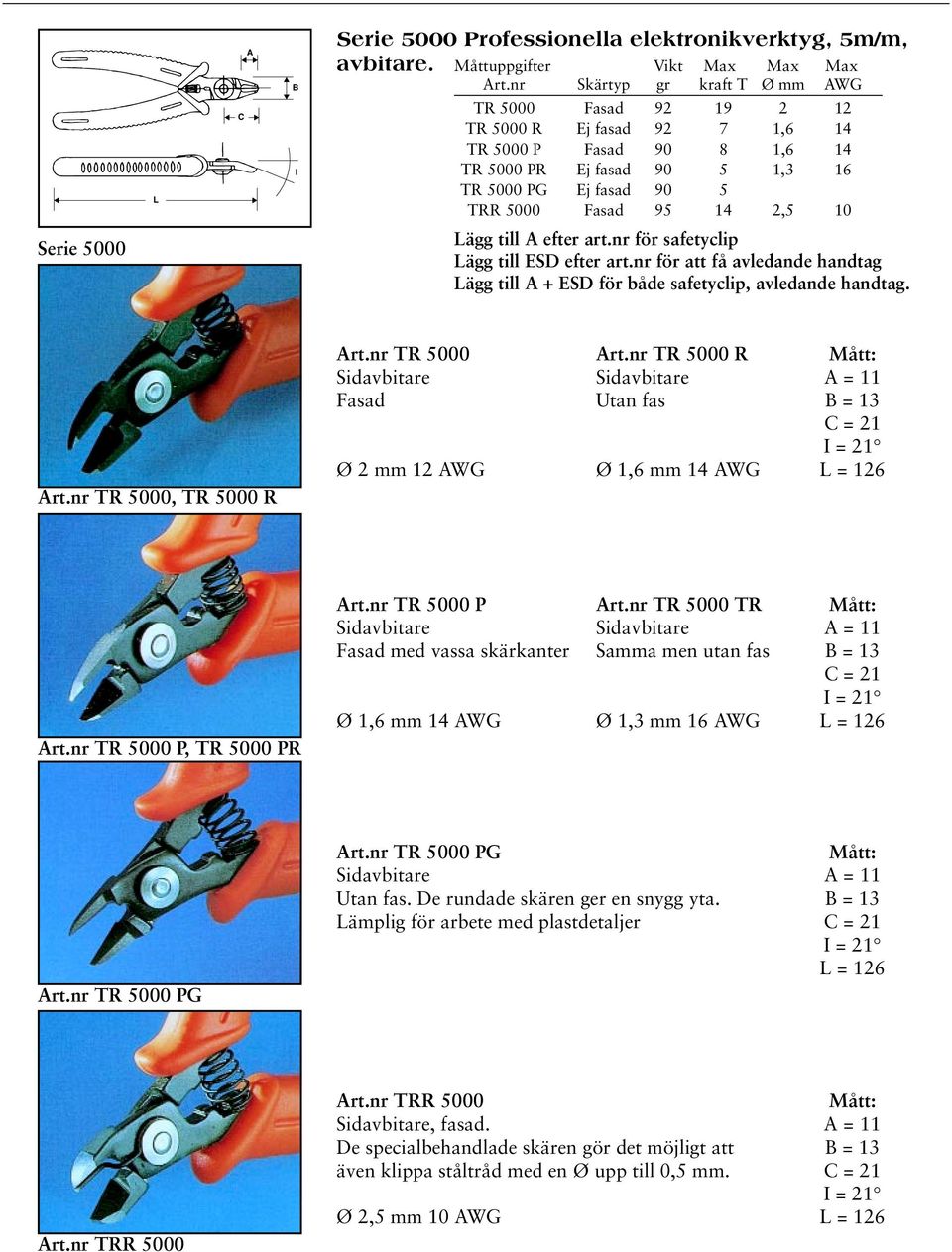 14 2,5 10 Lägg till efter art.nr för safetyclip Lägg till ESD efter art.nr för att få avledande handtag Lägg till + ESD för både safetyclip, avledande handtag. rt.nr TR 5000, TR 5000 R rt.