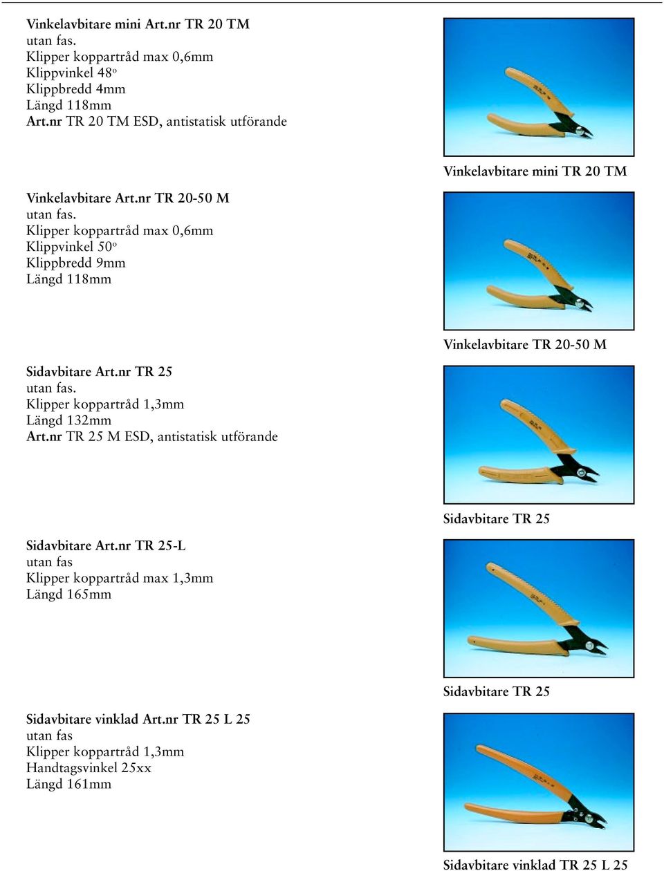 Klipper koppartråd max 0,6mm Klippvinkel 50 o Klippbredd 9mm Längd 118mm Vinkelavbitare TR 20-50 M Sidavbitare rt.nr TR 25 utan fas.