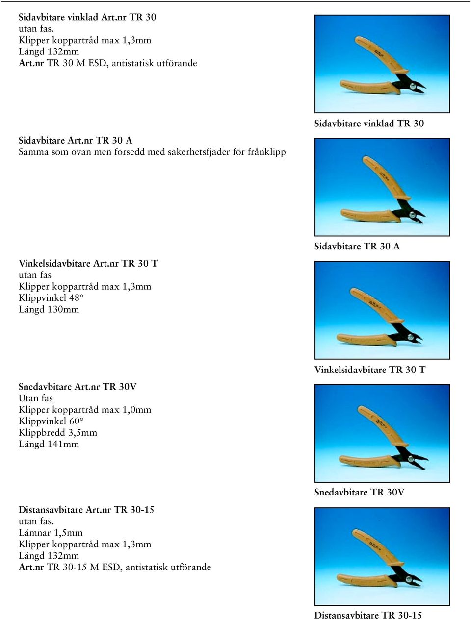 nr TR 30 T utan fas Klipper koppartråd max 1,3mm Klippvinkel 48 Längd 130mm Sidavbitare TR 30 Snedavbitare rt.