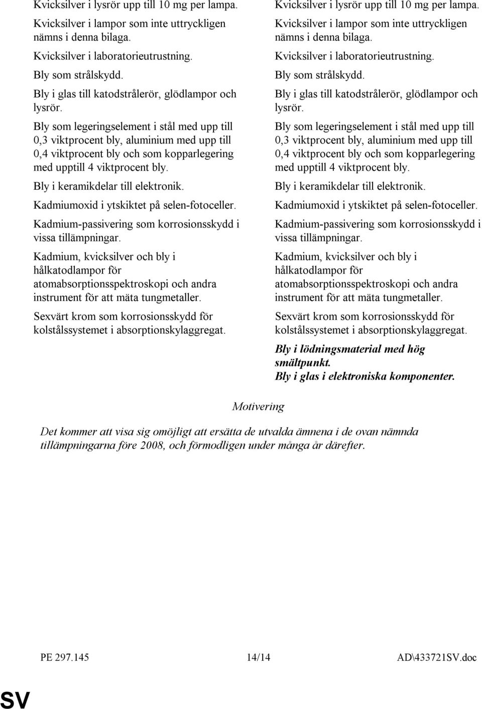 Bly som legeringselement i stål med upp till 0,3 viktprocent bly, aluminium med upp till 0,4 viktprocent bly och som kopparlegering med upptill 4 viktprocent bly. Bly i keramikdelar till elektronik.