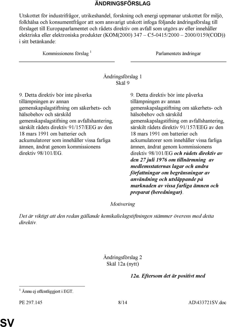 betänkande: Kommissionens förslag 1 Parlamentets ändringar Ändringsförslag 1 Skäl 9 9.