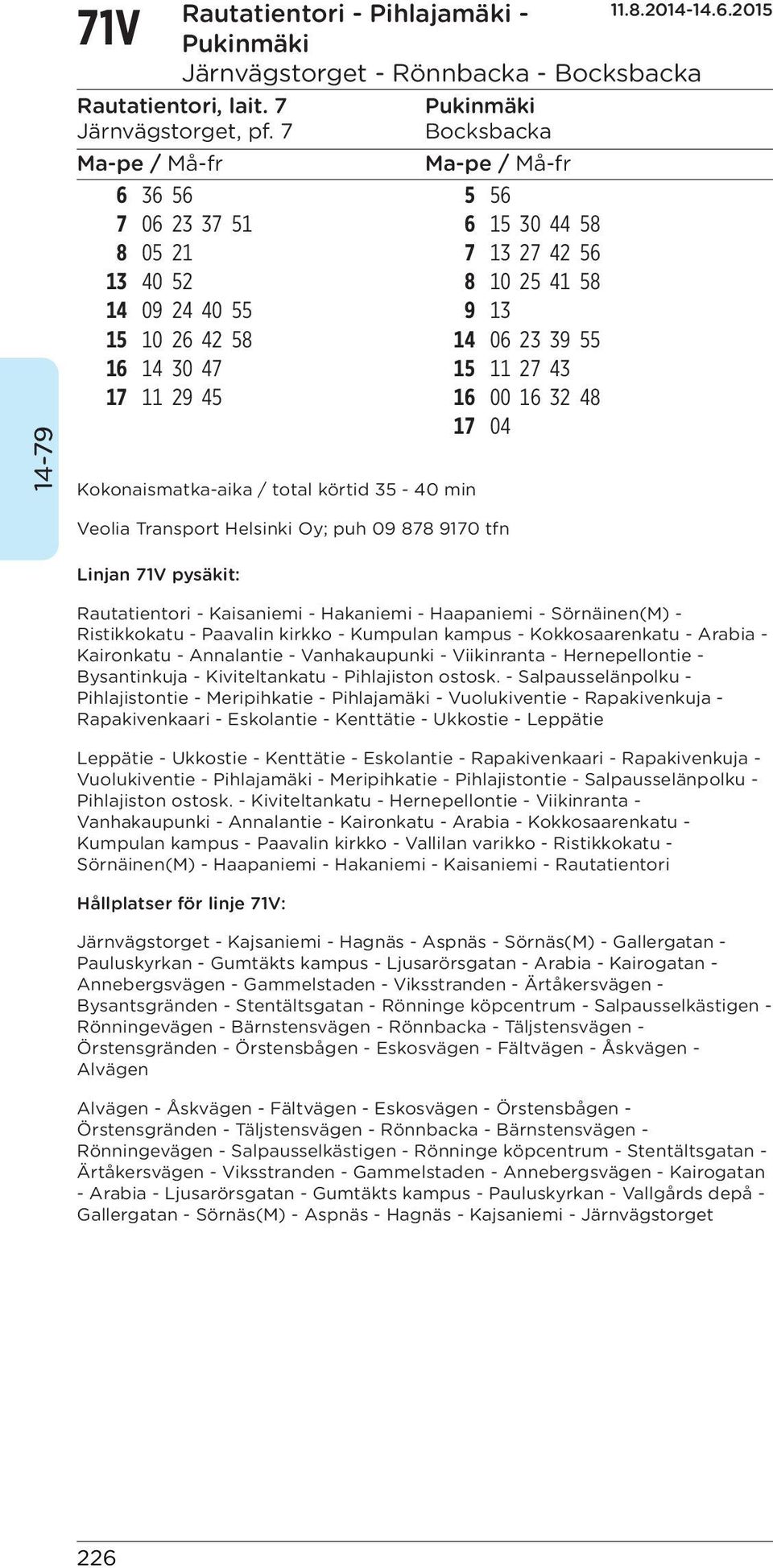 17 04 Kokonaismatka-aika / total körtid 35-40 min Veolia Transport Helsinki Oy; puh 09 878 9170 tfn Linjan 71V pysäkit: Rautatientori - Kaisaniemi - Hakaniemi - Haapaniemi - Sörnäinen(M) -