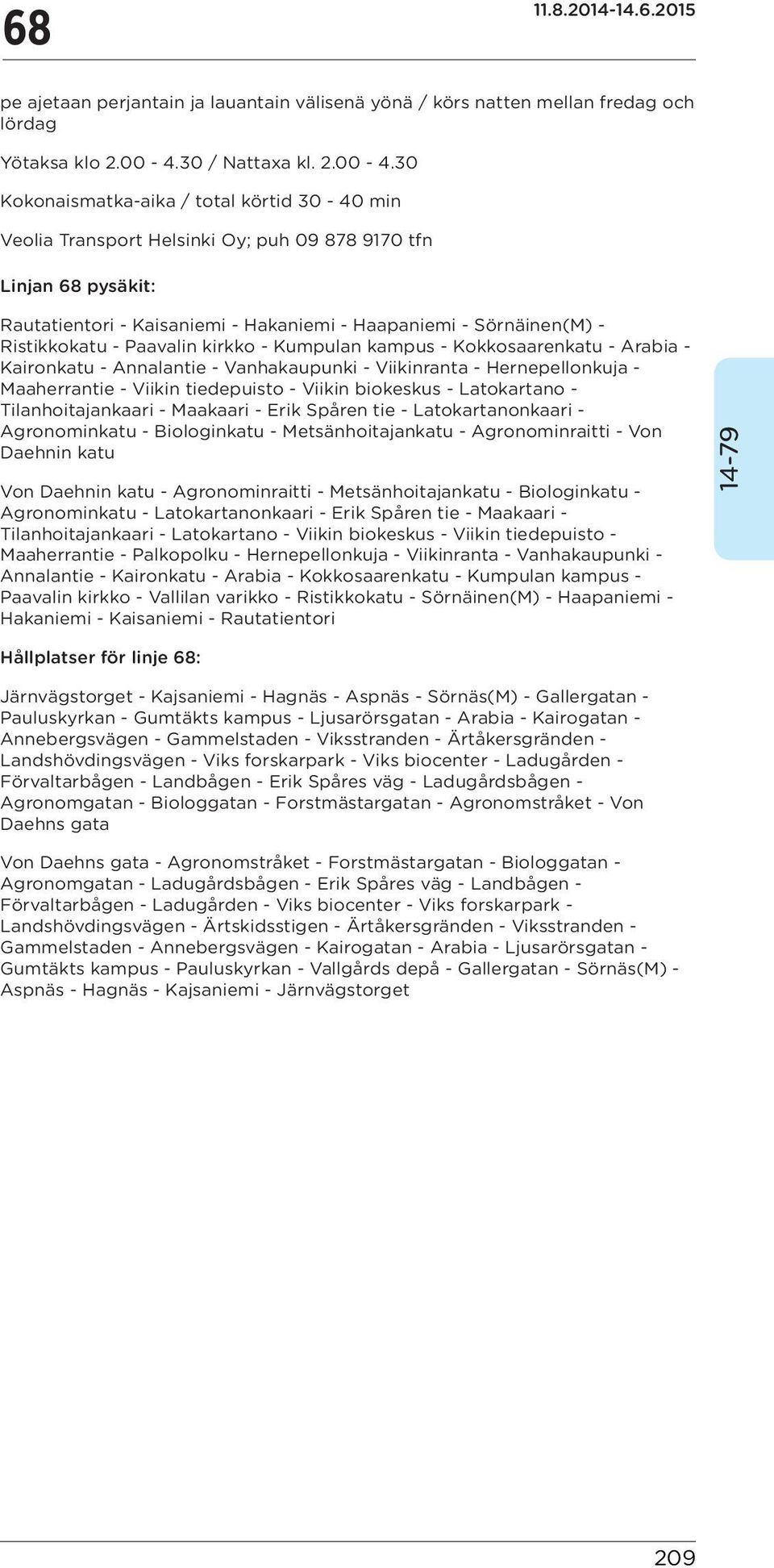 30 Kokonaismatka-aika / total körtid 30-40 min Veolia Transport Helsinki Oy; puh 09 878 9170 tfn Linjan 68 pysäkit: Rautatientori - Kaisaniemi - Hakaniemi - Haapaniemi - Sörnäinen(M) - Ristikkokatu -