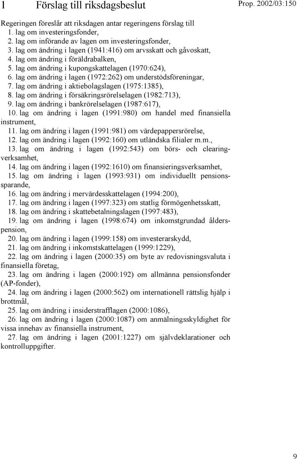 lag om ändring i lagen (1972:262) om understödsföreningar, 7. lag om ändring i aktiebolagslagen (1975:1385), 8. lag om ändring i försäkringsrörelselagen (1982:713), 9.