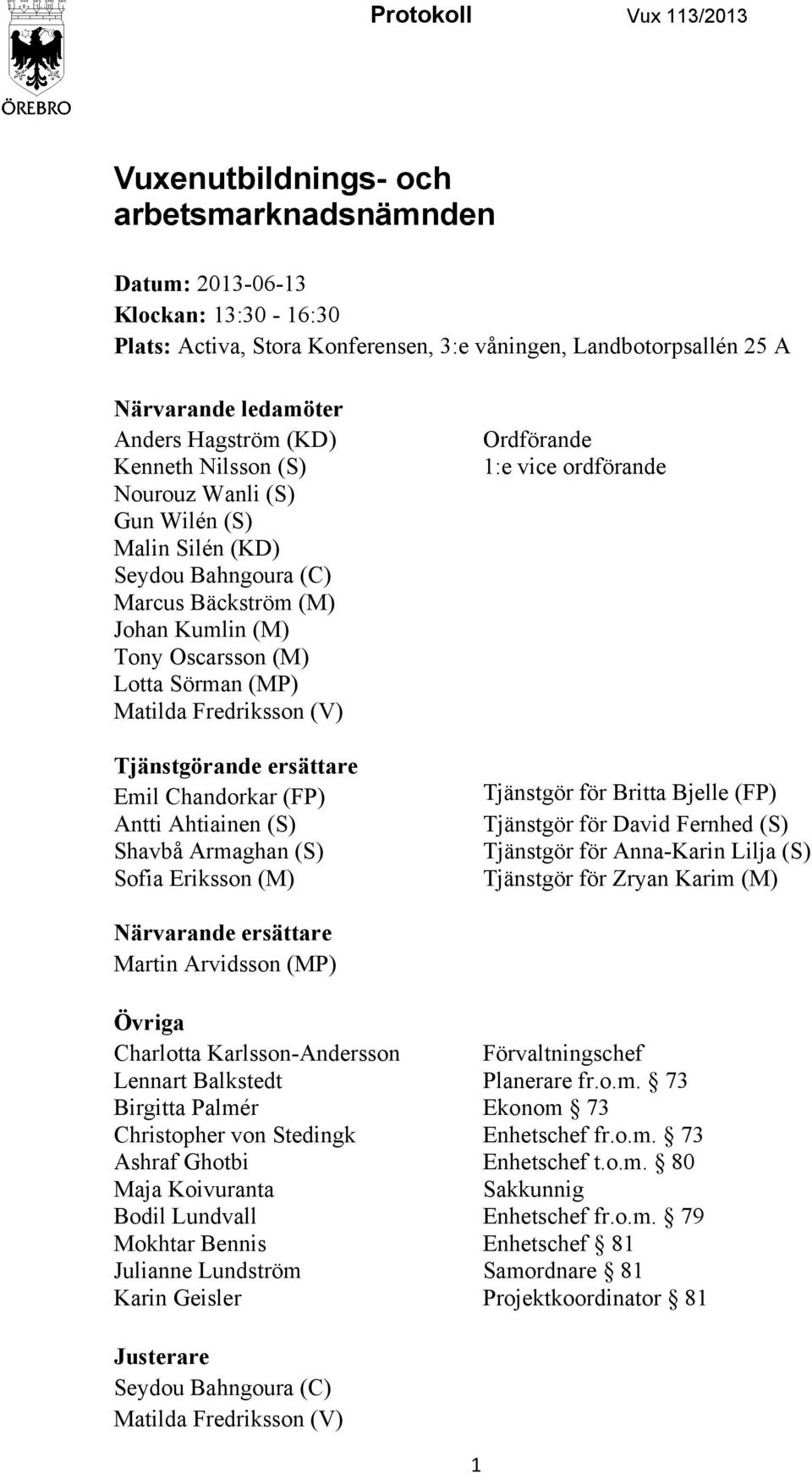 Fredriksson (V) Tjänstgörande ersättare Emil Chandorkar (FP) Antti Ahtiainen (S) Shavbå Armaghan (S) Sofia Eriksson (M) Ordförande 1:e vice ordförande Tjänstgör för Britta Bjelle (FP) Tjänstgör för