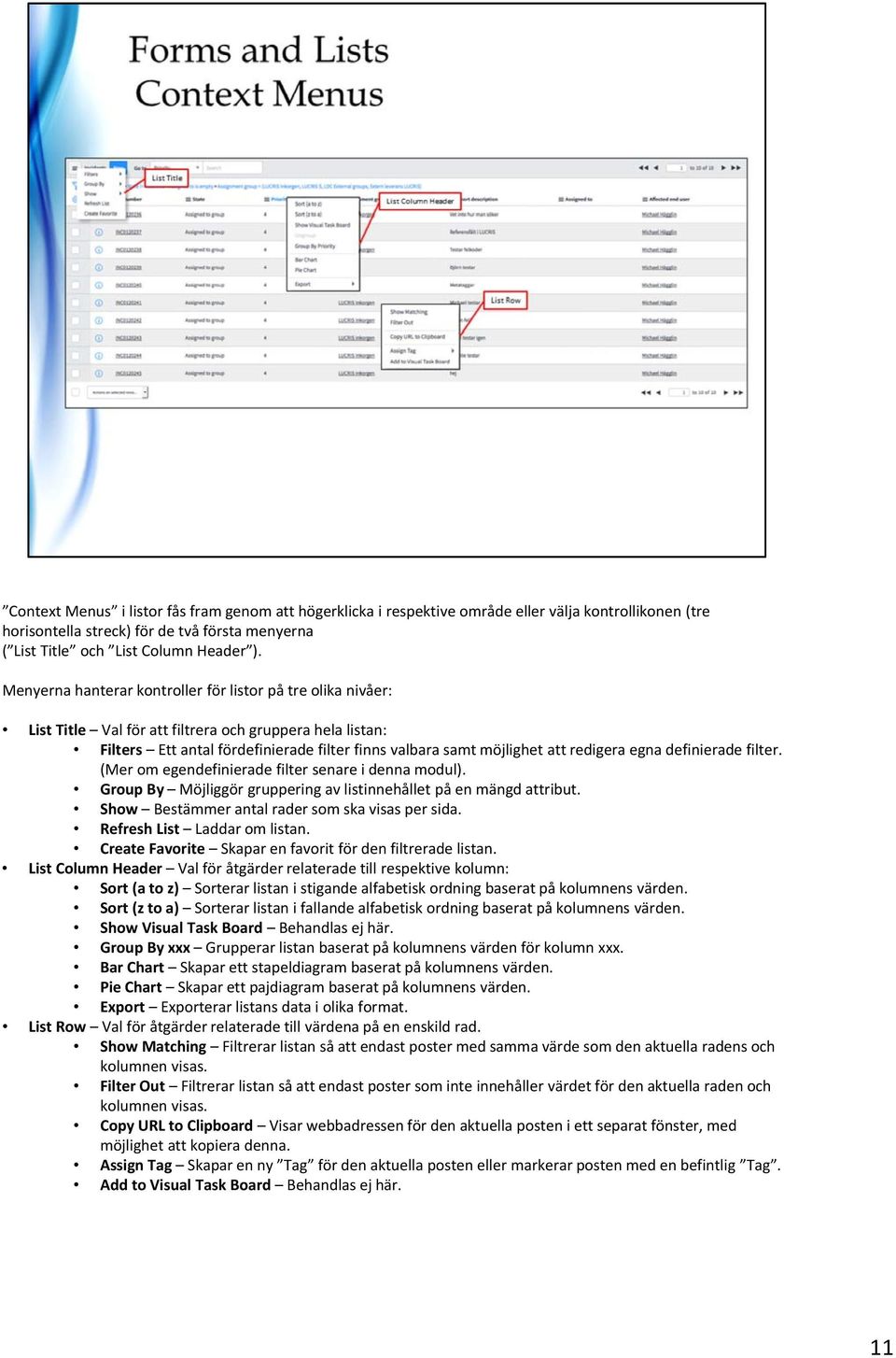 redigera egna definierade filter. (Mer om egendefinierade filter senare i denna modul). Group By Möjliggör gruppering av listinnehållet på en mängd attribut.