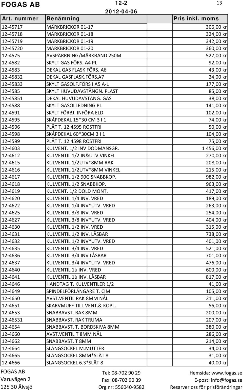 PLAST 85,00 kr 12 45851 DEKAL HUVUDAVSTÄNG. GAS 38,00 kr 12 4588 SKYLT GASOLLEDNING PL 141,00 kr 12 4591 SKYLT FÖRBJ. INFÖRA ELD 102,00 kr 12 4595 SKÅPDEKAL 15*30 CM 3 I 1 74,00 kr 12 4596 PLÅT T. 12.4595 ROSTFRI 50,00 kr 12 4598 SKÅPDEKAL 60*30CM 3 I 1 104,00 kr 12 4599 PLÅT T.