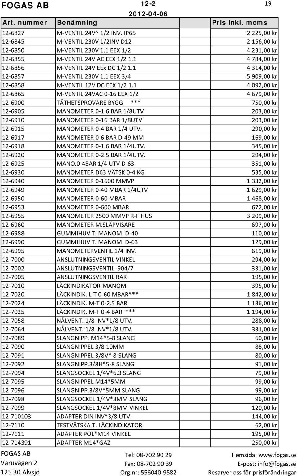 1 4 092,00 kr 12 6865 M VENTIL 24VAC 0 16 EEX 1/2 4 679,00 kr 12 6900 TÄTHETSPROVARE BYGG *** 750,00 kr 12 6905 MANOMETER 0 1.
