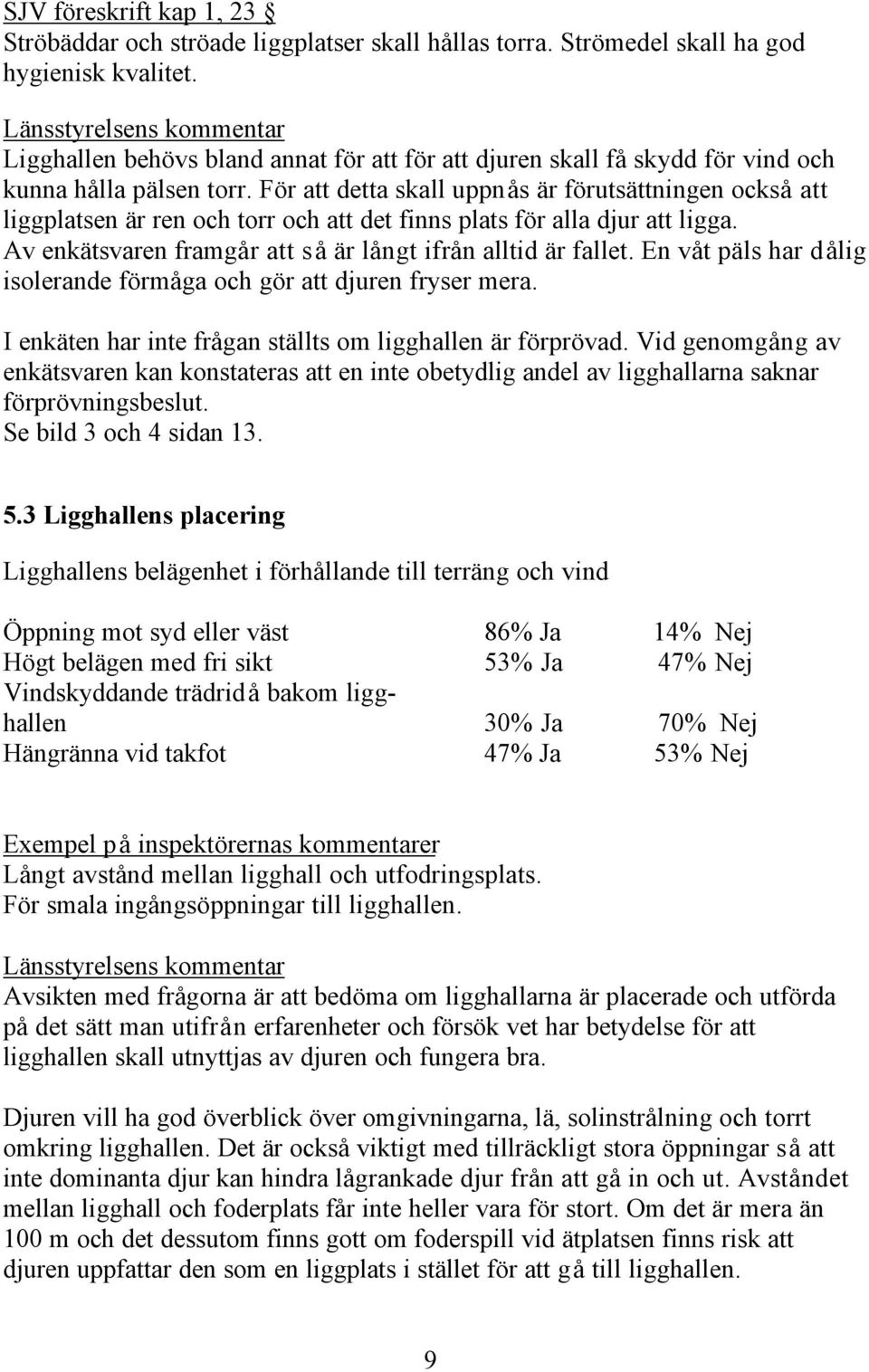 För att detta skall uppnås är förutsättningen också att liggplatsen är ren och torr och att det finns plats för alla djur att ligga. Av enkätsvaren framgår att så är långt ifrån alltid är fallet.