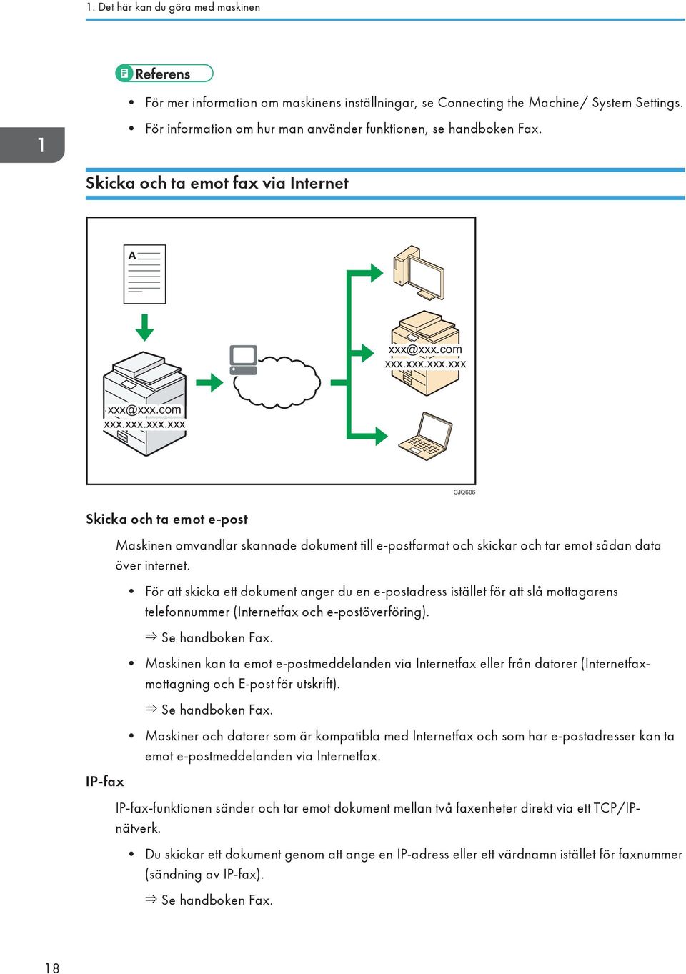 För att skicka ett dokument anger du en e-postadress istället för att slå mottagarens telefonnummer (Internetfax och e-postöverföring). Se handboken Fax.