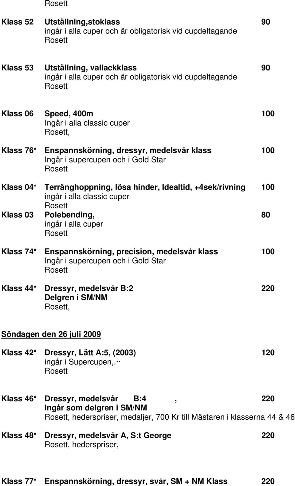 100 ingår i alla classic cuper Klass 03 Polebending, 80 ingår i alla cuper Klass 74* Enspannskörning, precision, medelsvår klass 100 Ingår i supercupen och i Gold Star Klass 44* Dressyr, medelsvår