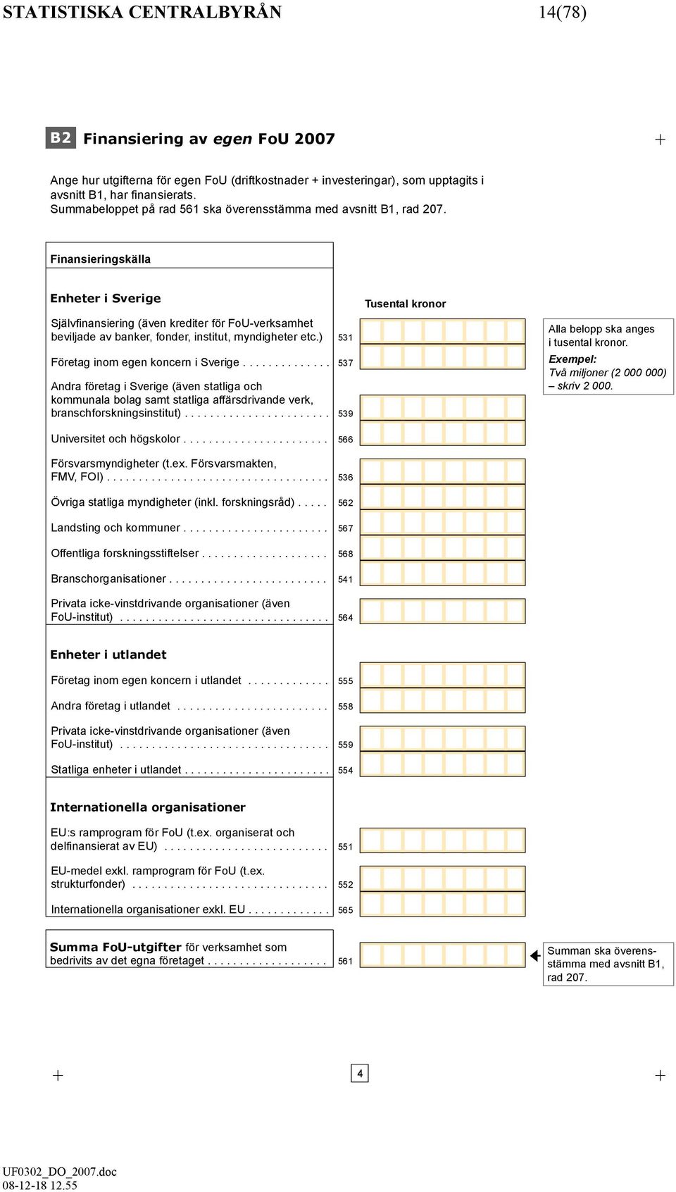 Finansieringskälla Enheter i Sverige Självfinansiering (även krediter för FoU-verksamhet beviljade av banker fonder institut myndigheter etc.) Företag inom egen koncern i Sverige.