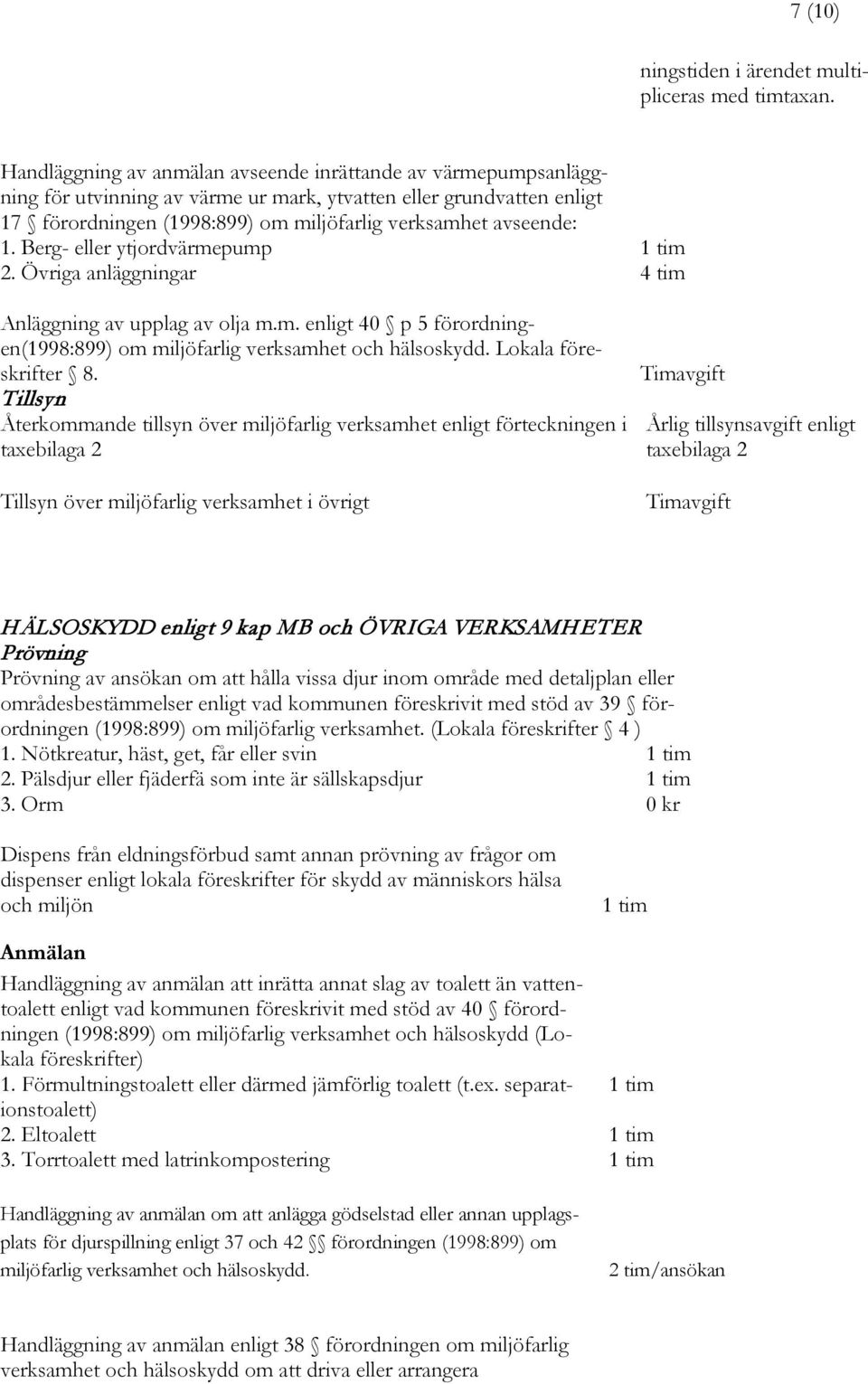 Berg eller ytjordvärmepump 1 tim 2. Övriga anläggningar 4 tim Anläggning av upplag av olja m.m. enligt 40 p 5 förordningen(1998:899) om miljöfarlig verksamhet och hälsoskydd. Lokala föreskrifter 8.