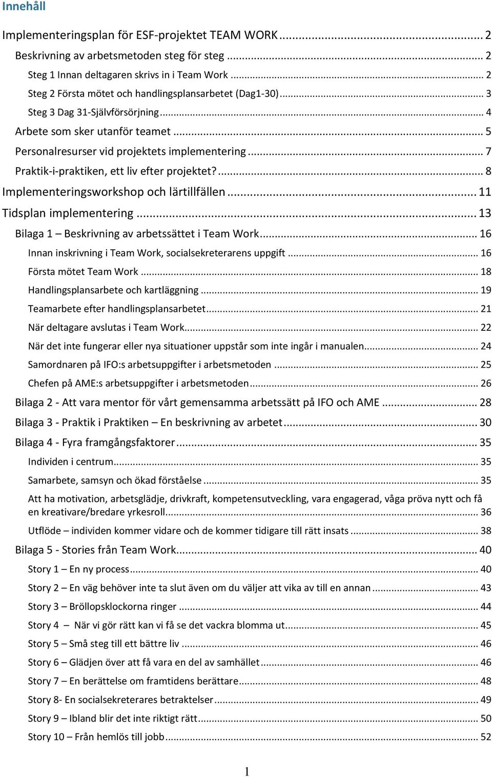 .. 7 Praktik-i-praktiken, ett liv efter projektet?... 8 Implementeringsworkshop och lärtillfällen... 11 Tidsplan implementering... 13 Bilaga 1 Beskrivning av arbetssättet i Team Work.