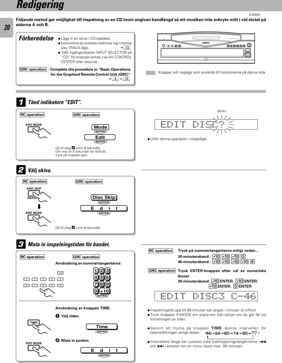 : Complete the procedure in Basic Operations for the Graphical Remote Control Unit (GRC) 90 : Knappar och reglage som används till funktionerna på denna sida. Tänd indikatorn EDIT.