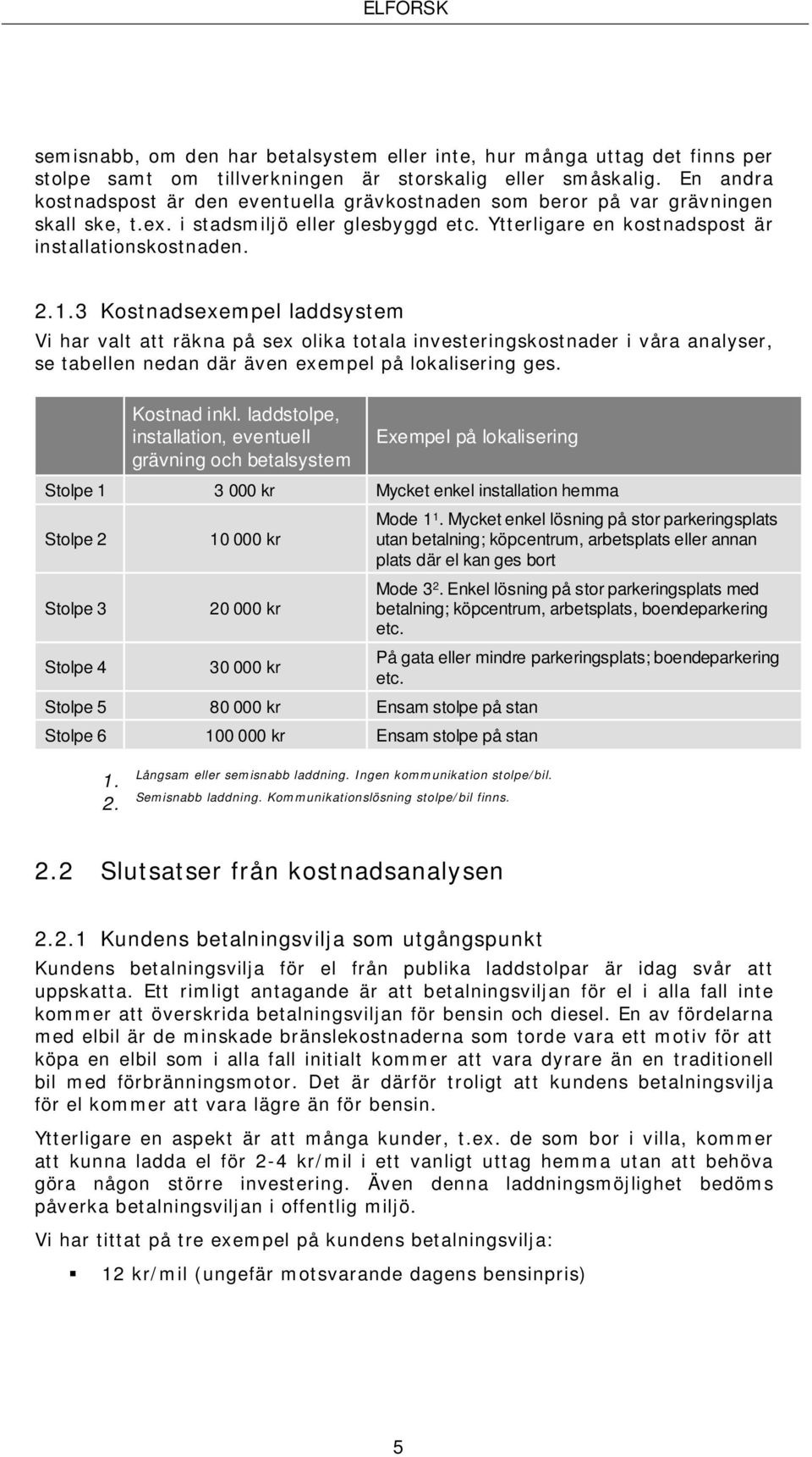 3 Kostnadsexempel laddsystem Vi har valt att räkna på sex olika totala investeringskostnader i våra analyser, se tabellen nedan där även exempel på lokalisering ges.