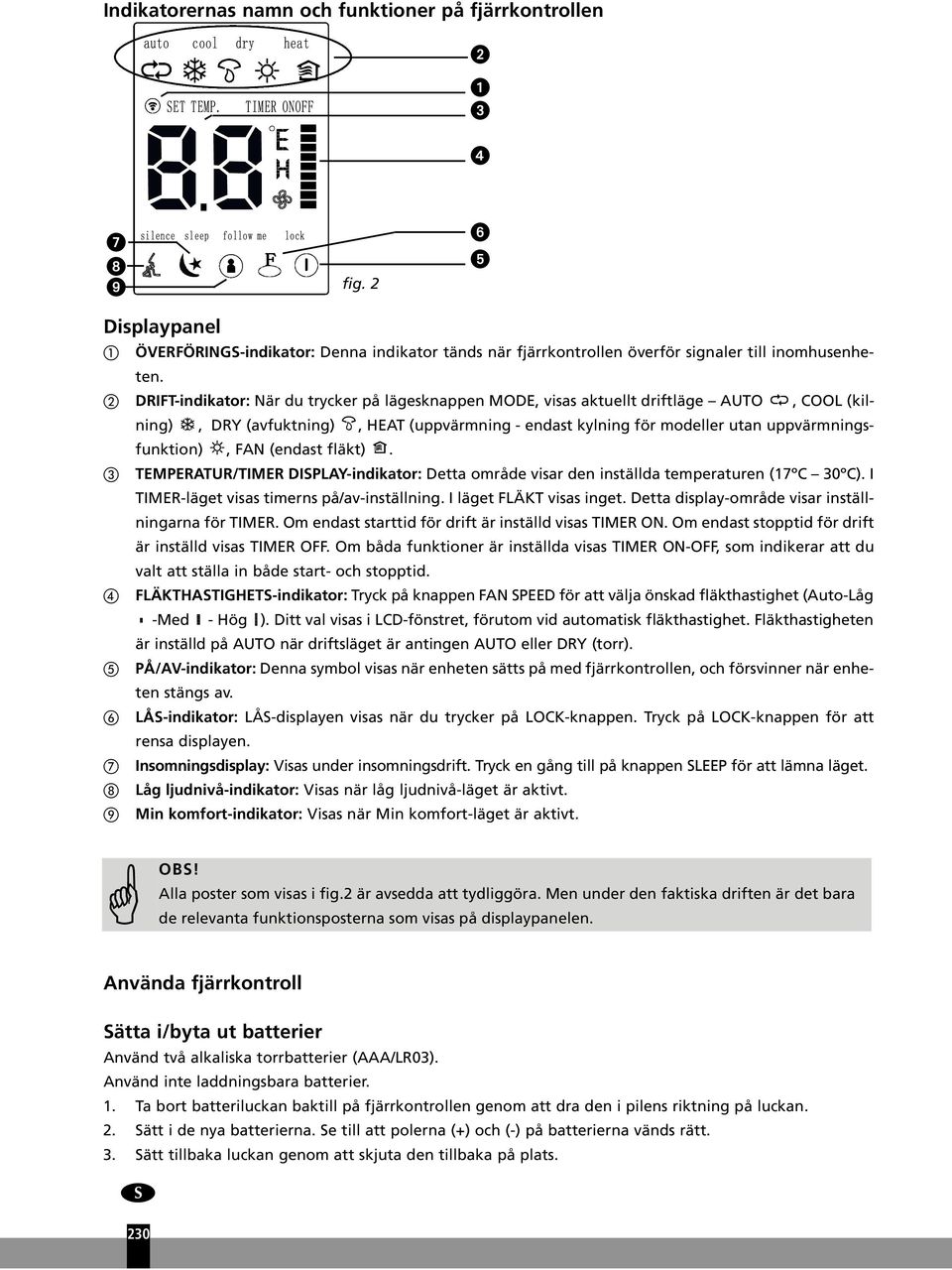 (endast fläkt). TEMPERATUR/TIMER DISPLAY-indikator: Detta område visar den inställda temperaturen (17ºC 30ºC). I TIMER-läget visas timerns på/av-inställning. I läget FLÄKT visas inget.