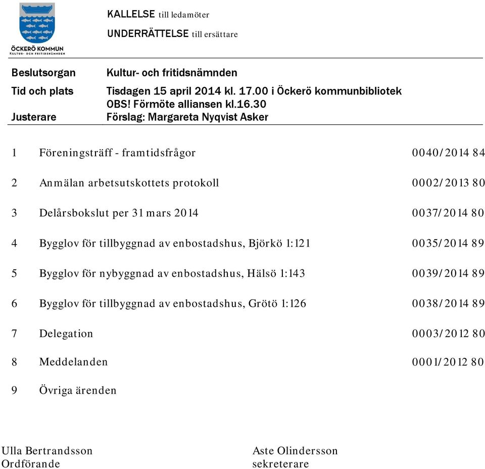 30 Förslag: Margareta Nyqvist Asker 1 Föreningsträff - framtidsfrågor 0040/2014 84 2 Anmälan arbetsutskottets protokoll 0002/2013 80 3 Delårsbokslut per 31 mars 2014 0037/2014 80