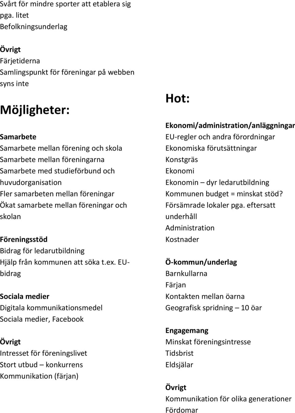 studieförbund och huvudorganisation Fler samarbeten mellan föreningar Ökat samarbete mellan föreningar och skolan Föreningsstöd Bidrag för ledarutbildning Hjälp från kommunen att söka t.ex.