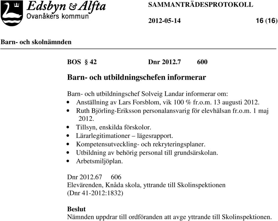 Ruth Björling-Eriksson personalansvarig för elevhälsan fr.o.m. 1 maj 2012. Tillsyn, enskilda förskolor. Lärarlegitimationer lägesrapport.